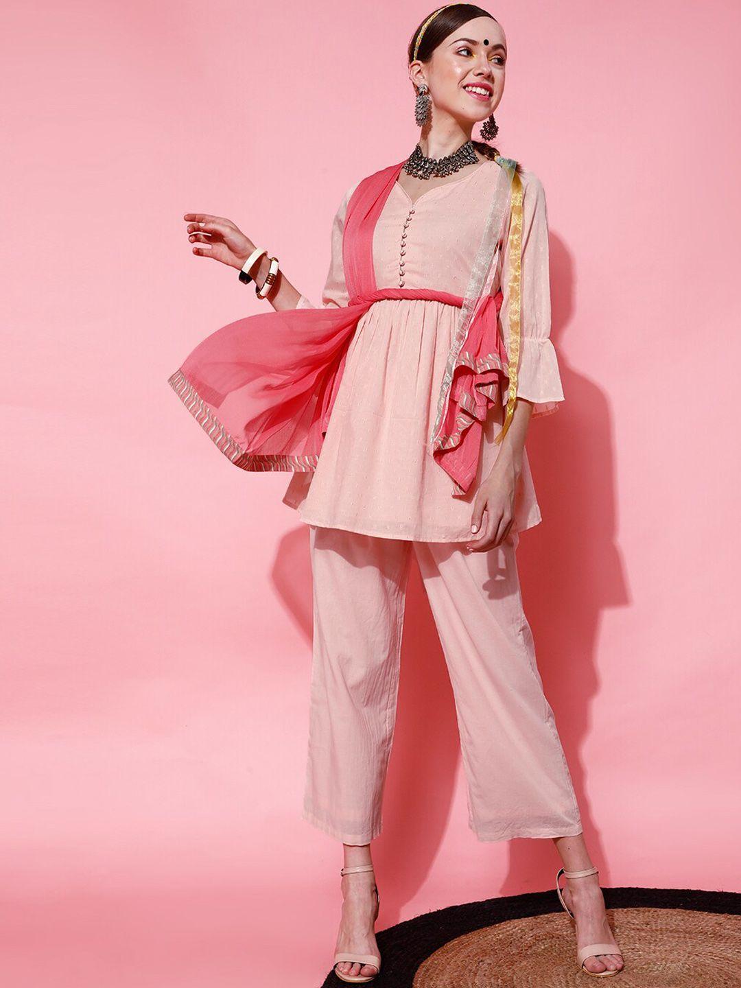 street 9 women peach-coloured yoke design empire pure cotton kurti with trousers & with dupatta