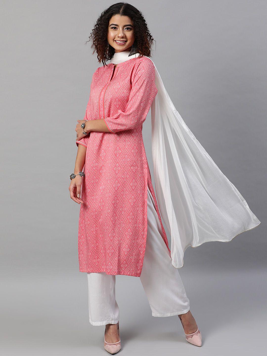 street 9 women pink & white geometric printed regular kurta with palazzos & dupatta