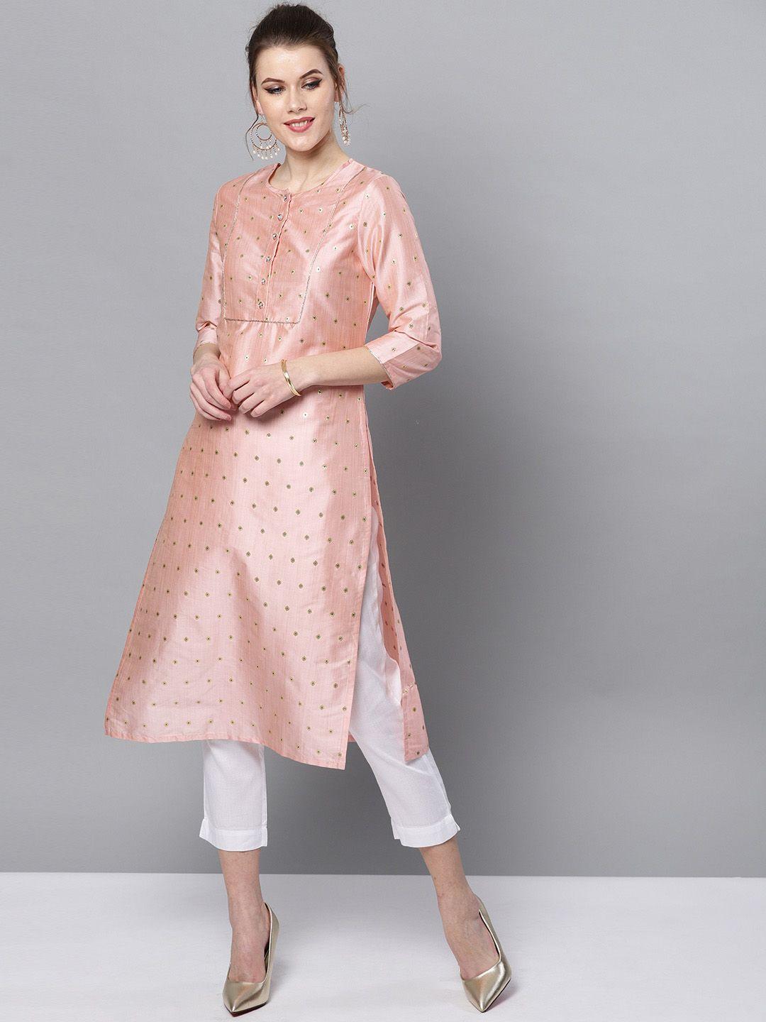 street 9 women pink & white self design kurta with trousers