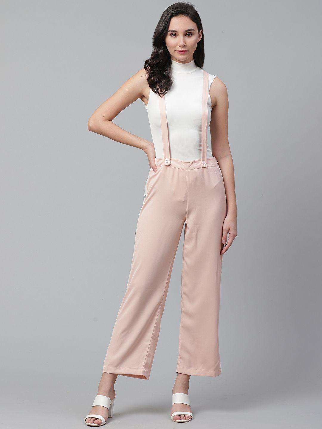 street 9 women pink regular fit solid parallel trousers with suspenders