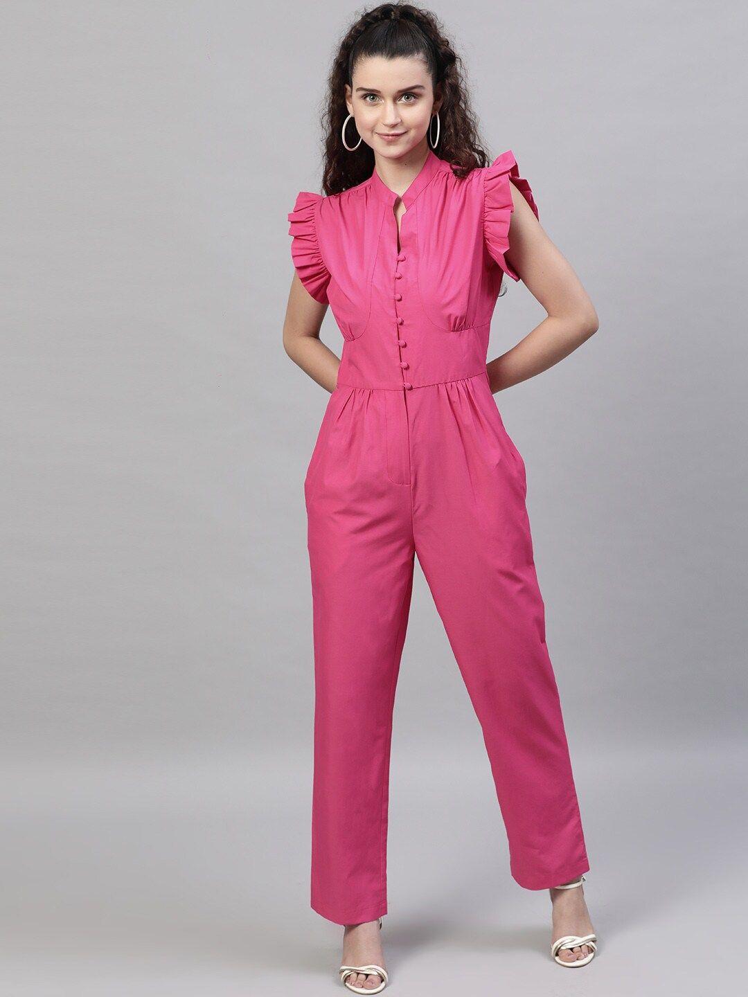 street 9 women pink solid cotton basic jumpsuit