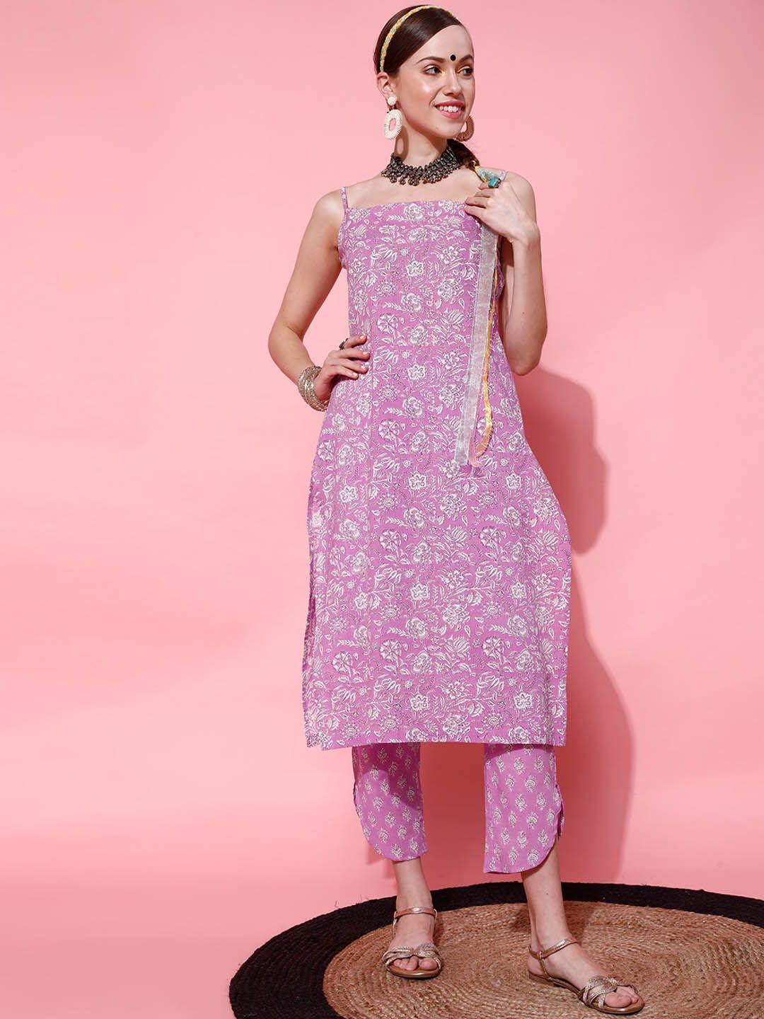 street 9 women purple embroidered pure cotton kurta with trousers