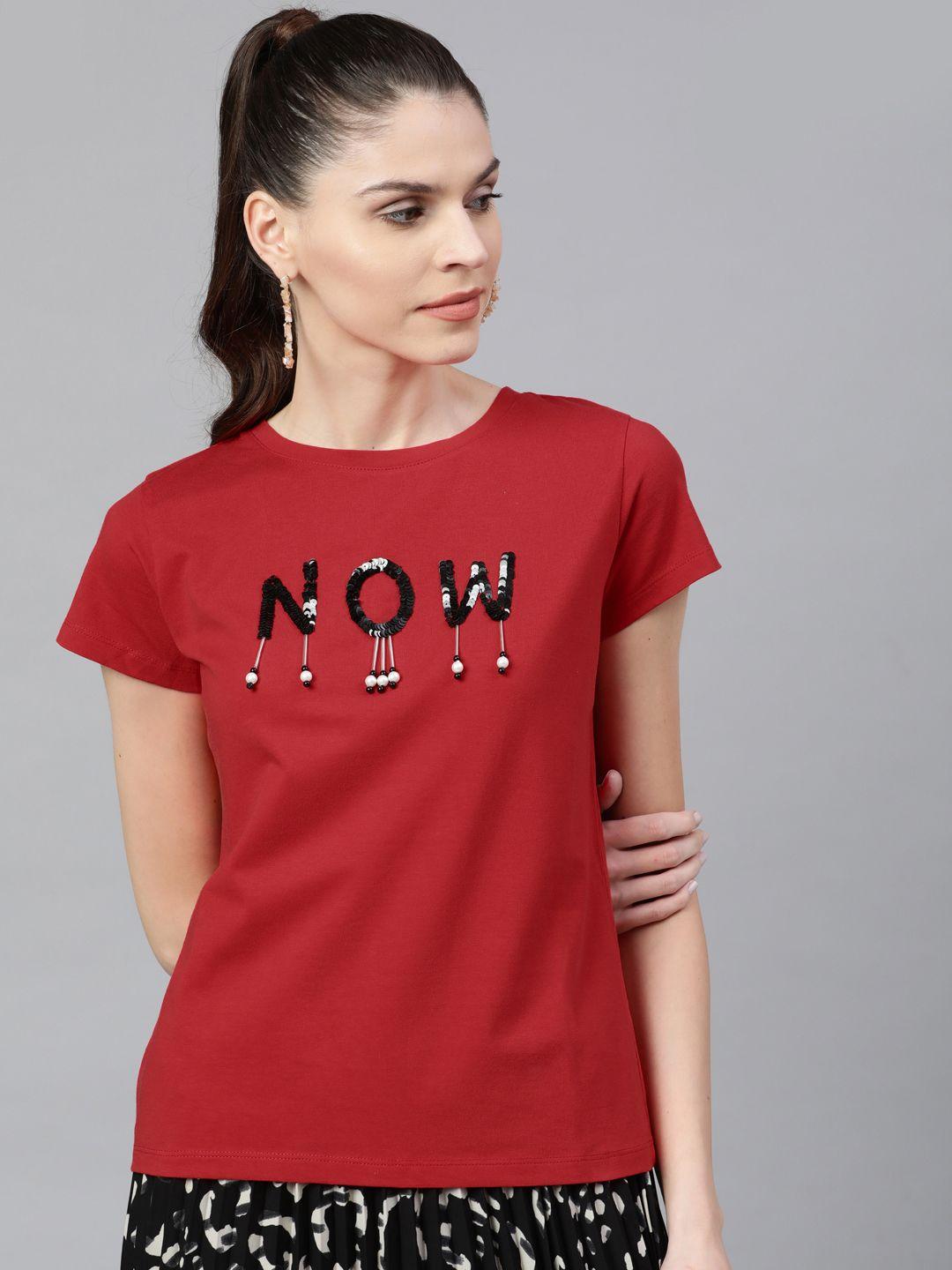 street 9 women red & black sequinned round neck t-shirt