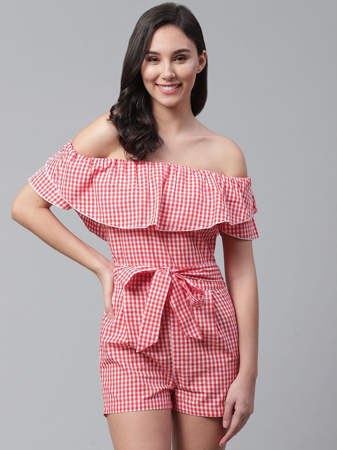 street 9 women red & white checked off-shoulder playsuit