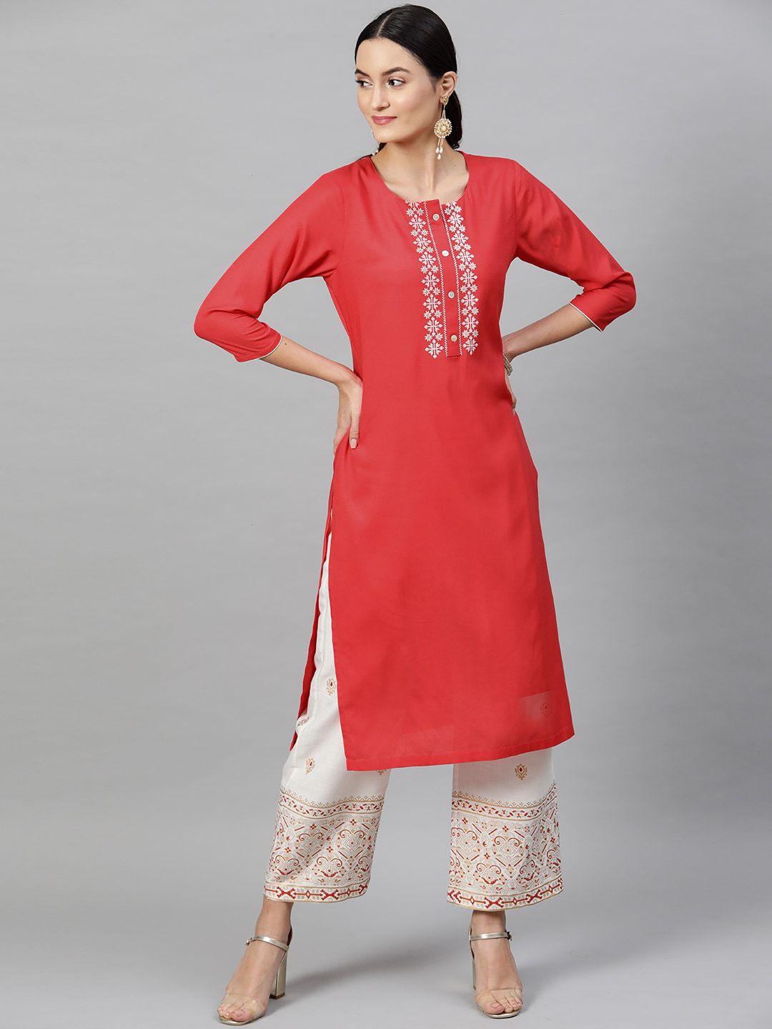 street 9 women red & white embroidered kurta with palazzos