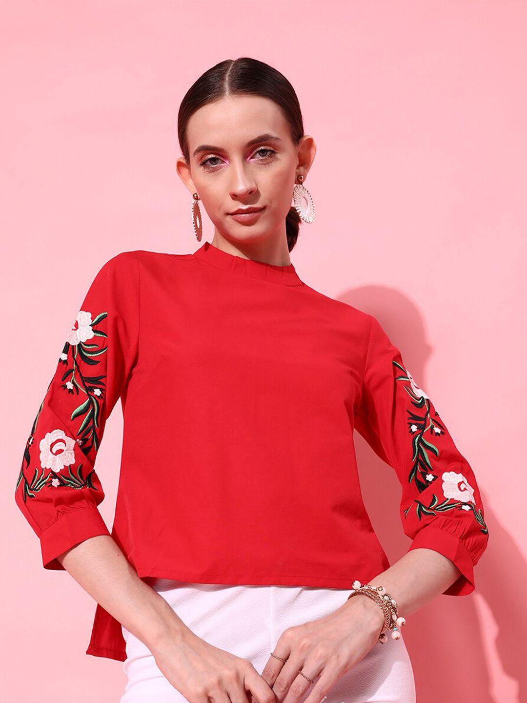 street 9 women red & white floral high neck pure cotton top