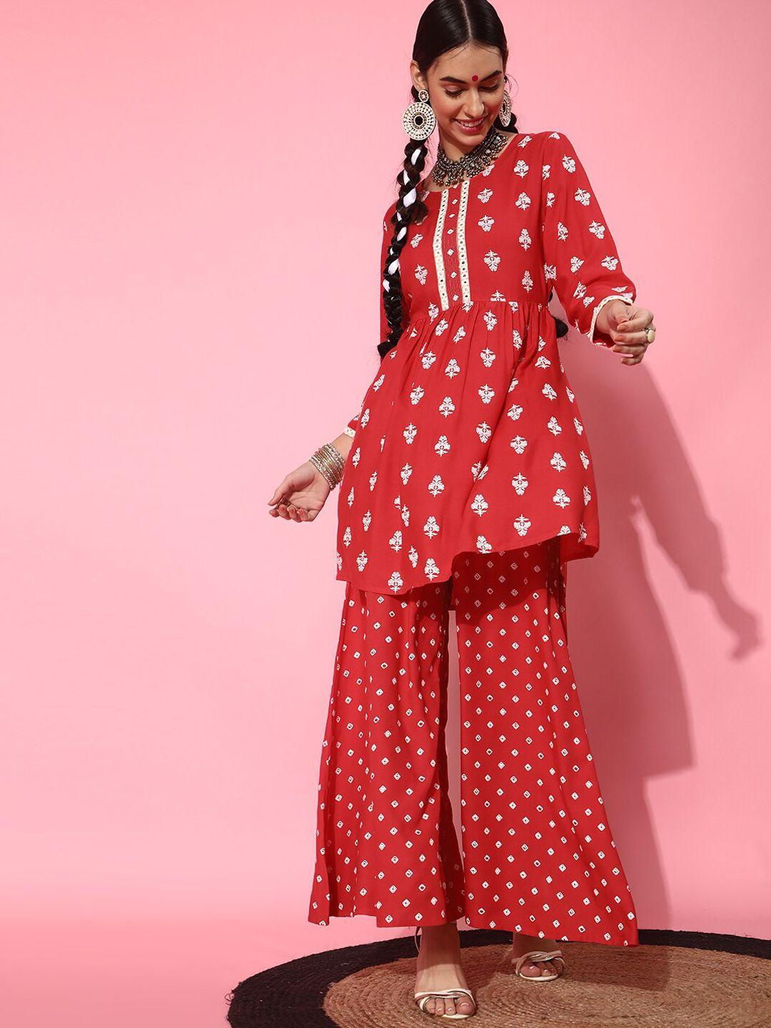 street 9 women red embroidered empire kurti with palazzos