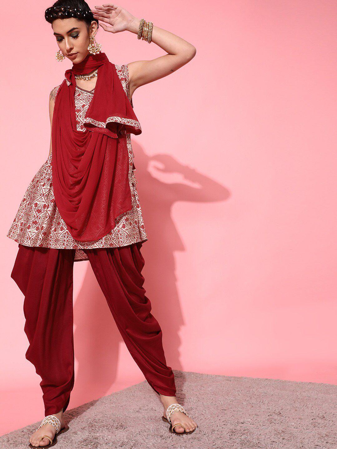 street 9 women red printed pure cotton kurti with dhoti pants & with dupatta