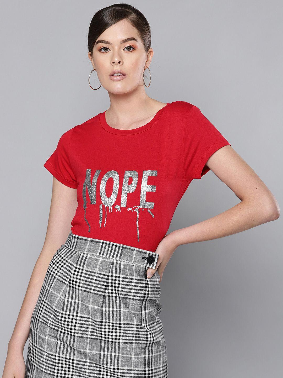 street 9 women red printed round neck t-shirt