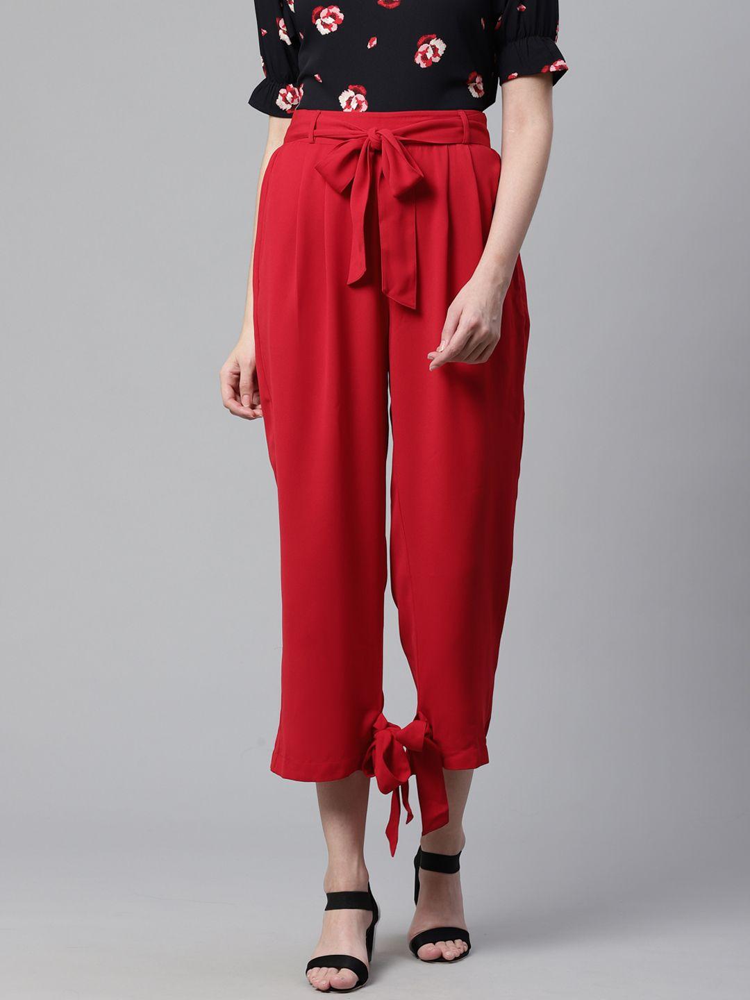 street 9 women red regular fit solid 3/4th trousers