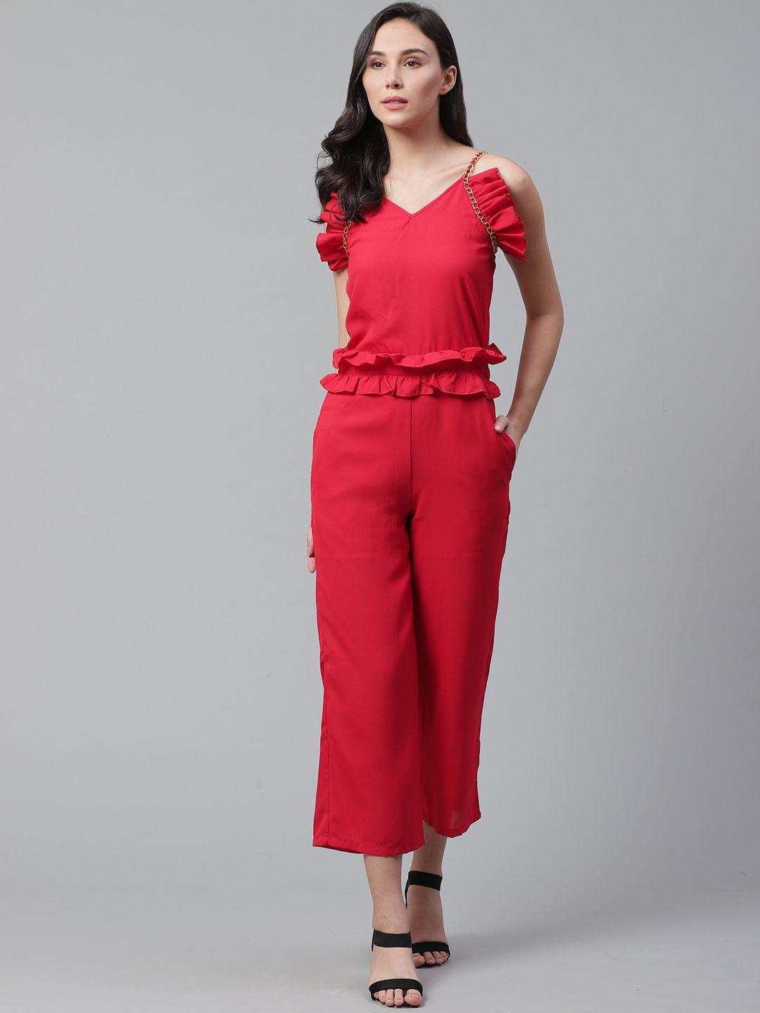 street 9 women red solid basic jumpsuit