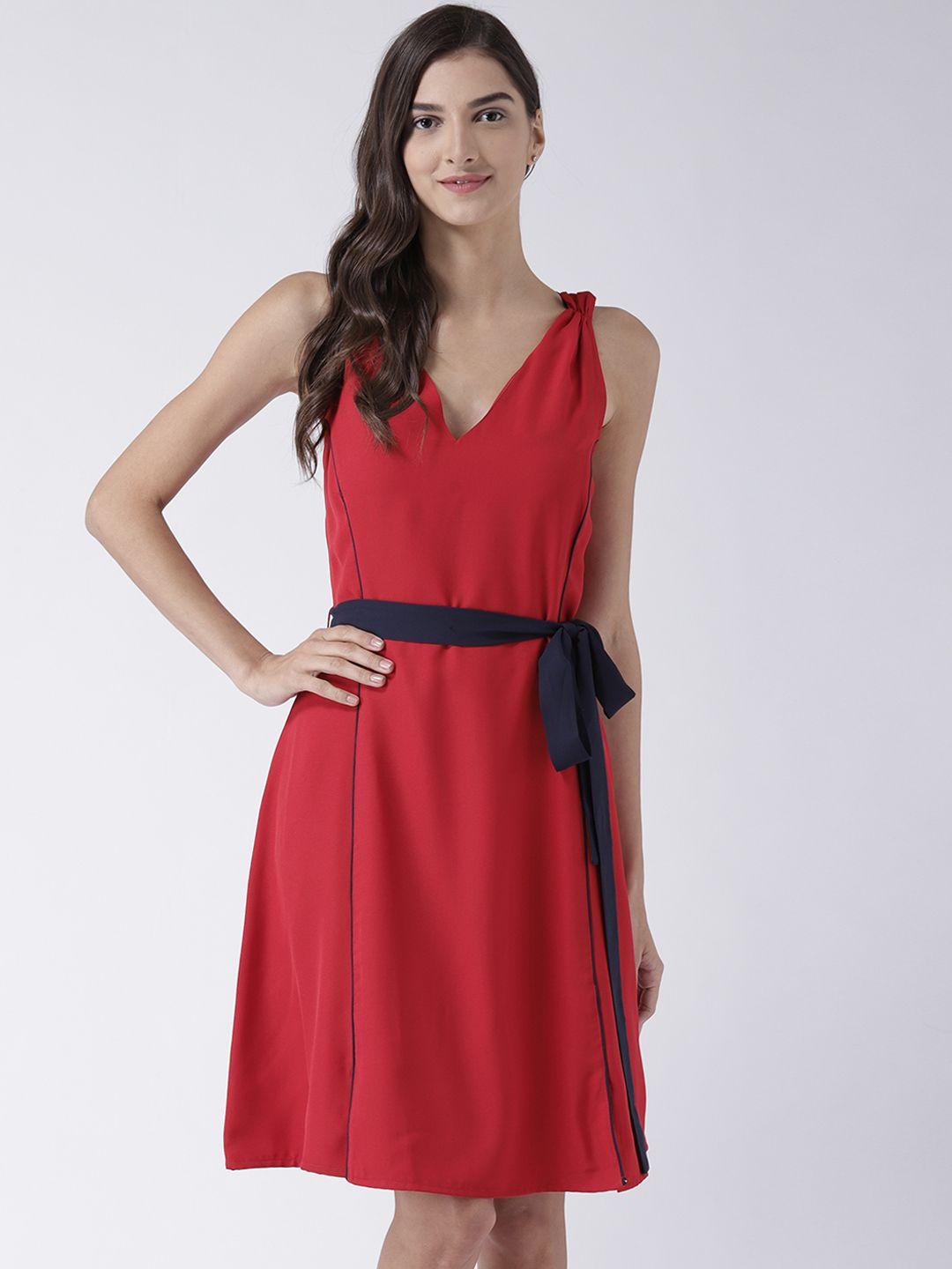 street 9 women red solid fit and flare dress