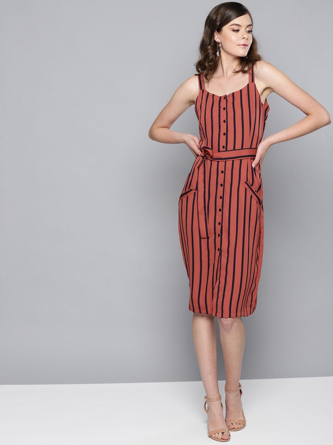 street 9 women rust orange & black striped a-line dress