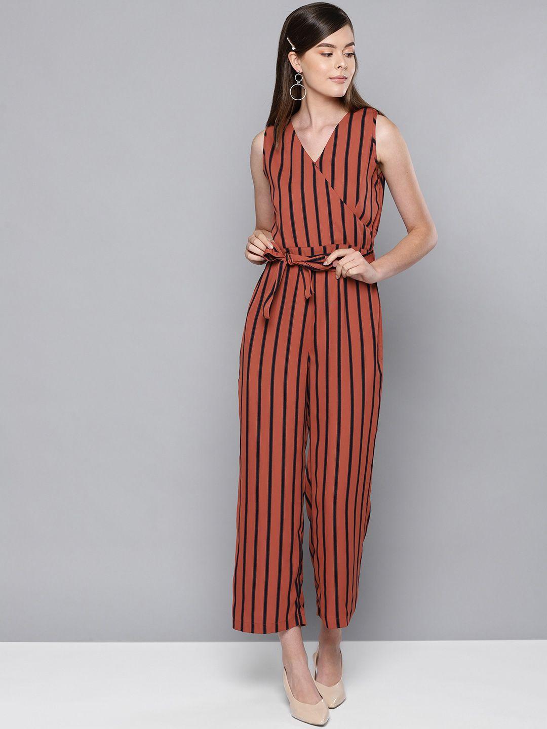 street 9 women rust red & black striped basic jumpsuit