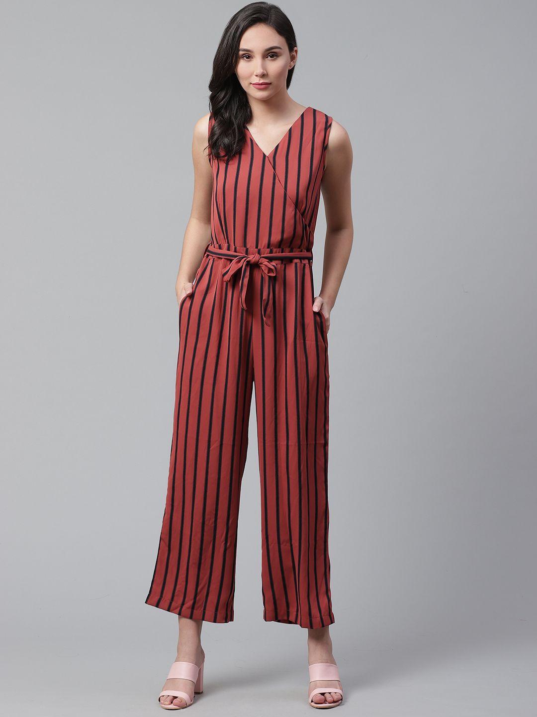 street 9 women rust red & black striped basic jumpsuit