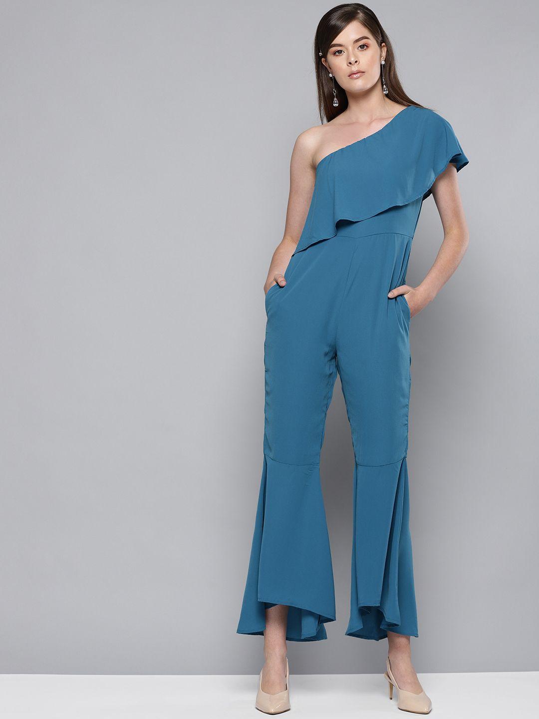 street 9 women teal blue solid basic layered jumpsuit