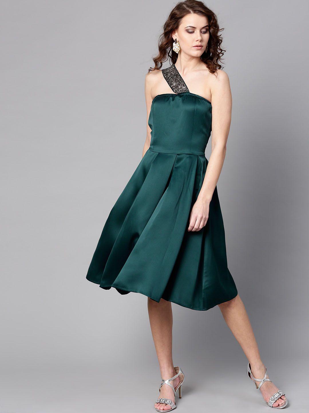 street 9 women teal green solid satin finish fit and flare dress