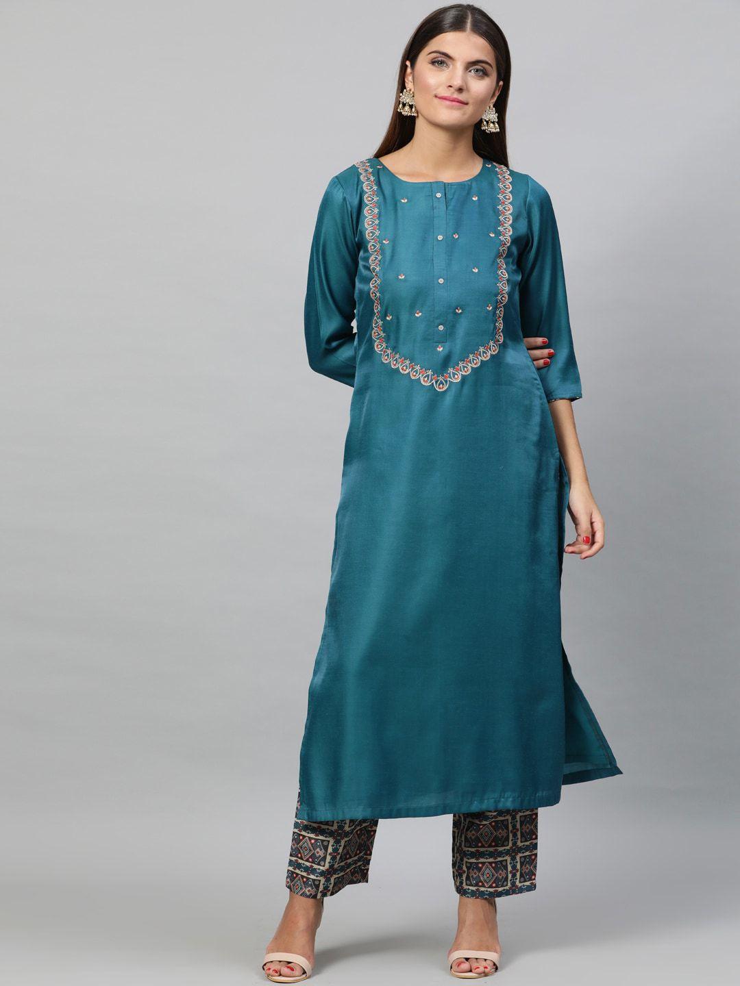 street 9 women teal green yoke design embroidered kurta with trousers