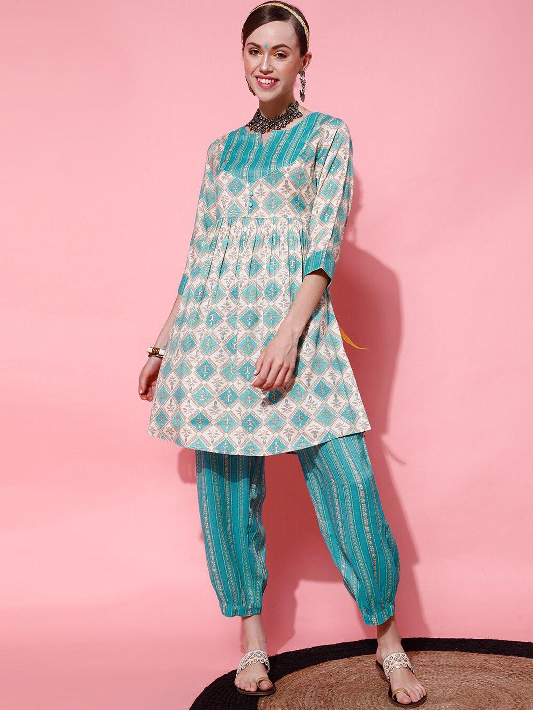 street 9 women turquoise blue embroidered pleated kurti with churidar & with dupatta