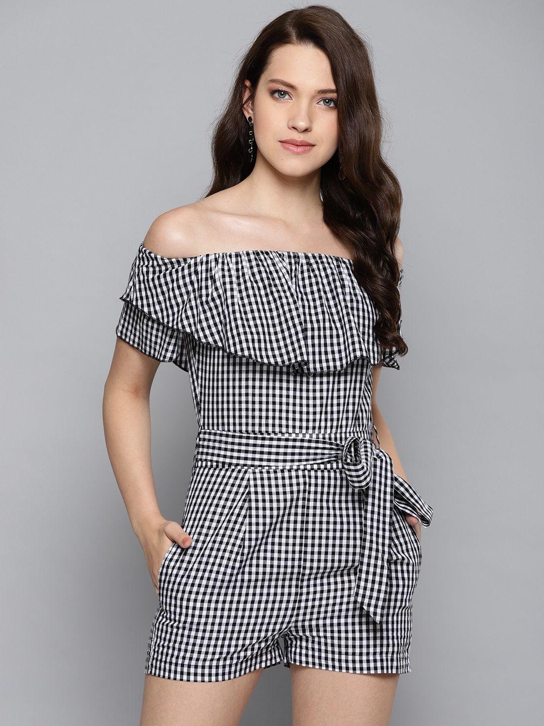 street 9 women white & black checked off-shoulder playsuit