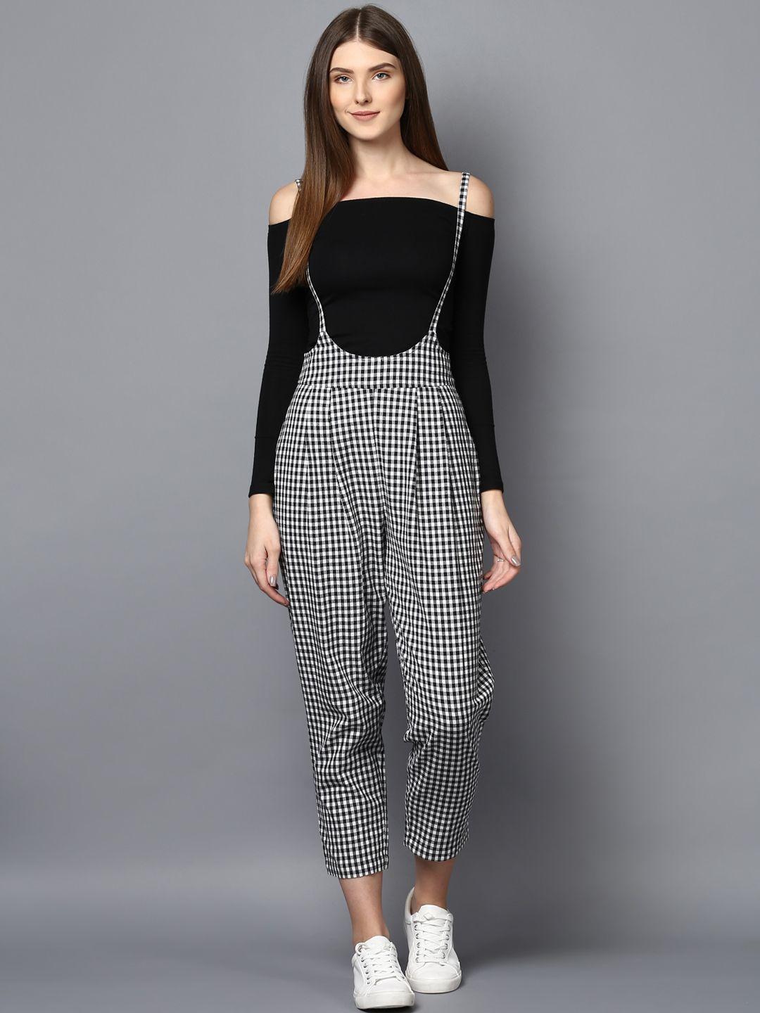 street 9 women white & black relaxed slim fit checked cigarette trousers