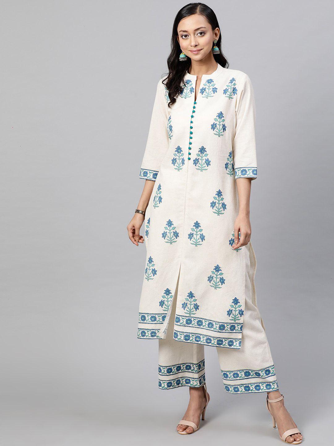 street 9 women white & blue printed kurta with palazzos