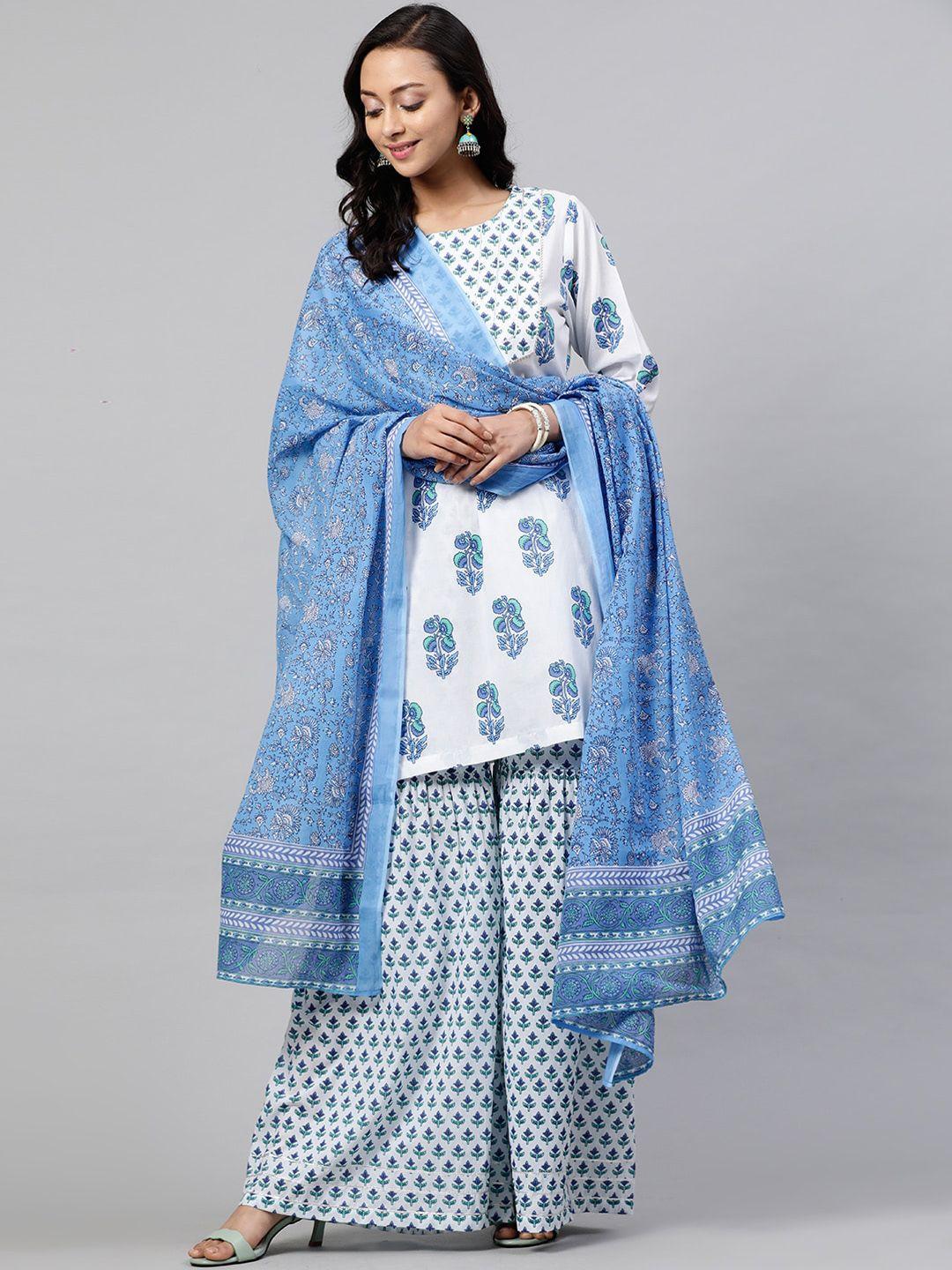 street 9 women white & blue printed kurti with palazzos & dupatta