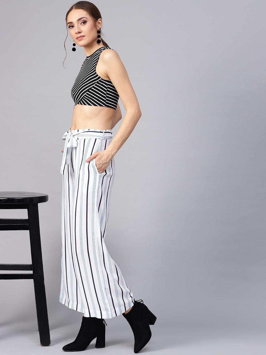 street 9 women white & blue regular fit striped parallel trousers