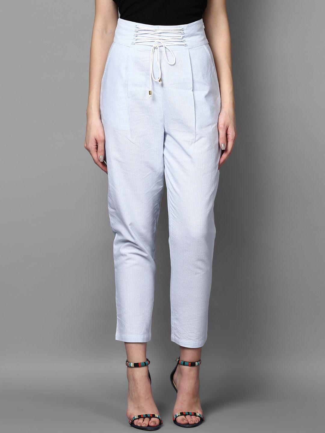 street 9 women white & blue relaxed slim fit striped cigarette trousers