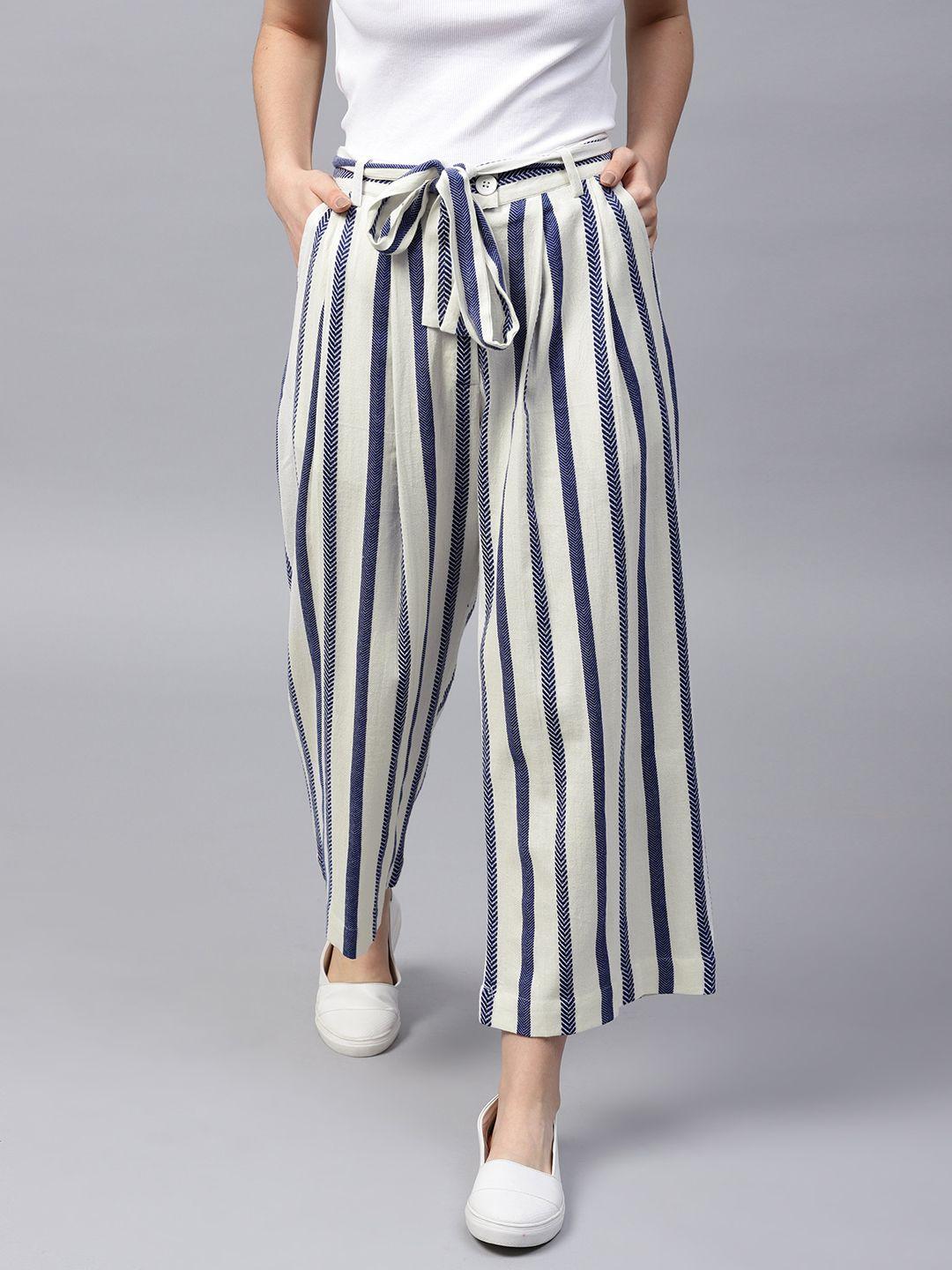 street 9 women white & navy blue loose fit striped culottes