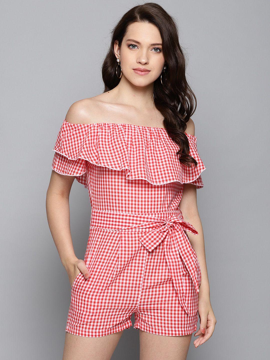 street 9 women white & red off-shoulder checked playsuit