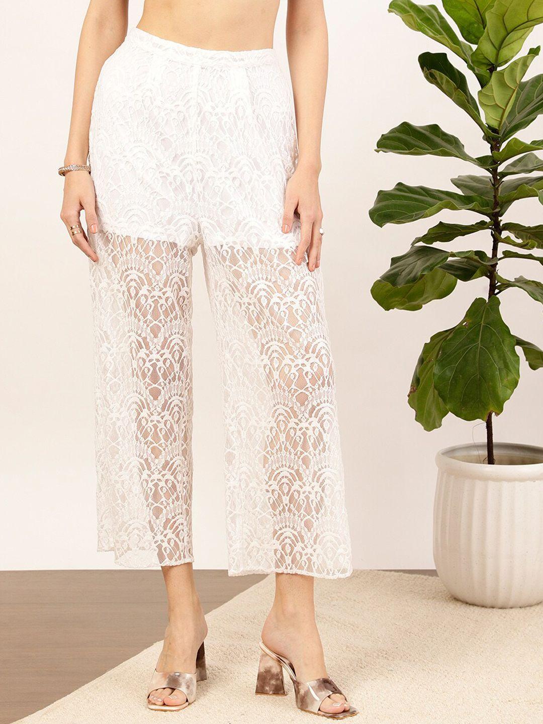 street 9 women white printed relaxed straight fit high-rise trousers