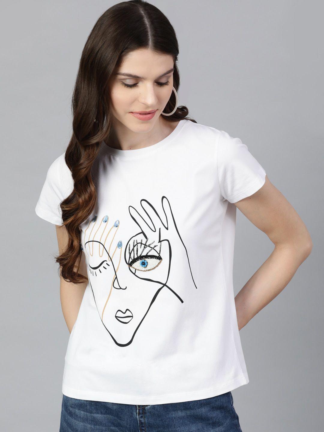 street 9 women white printed round neck t-shirt