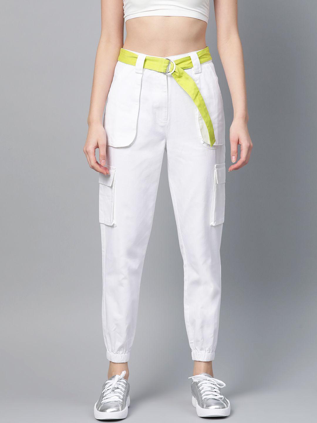 street 9 women white regular fit solid cropped cargos