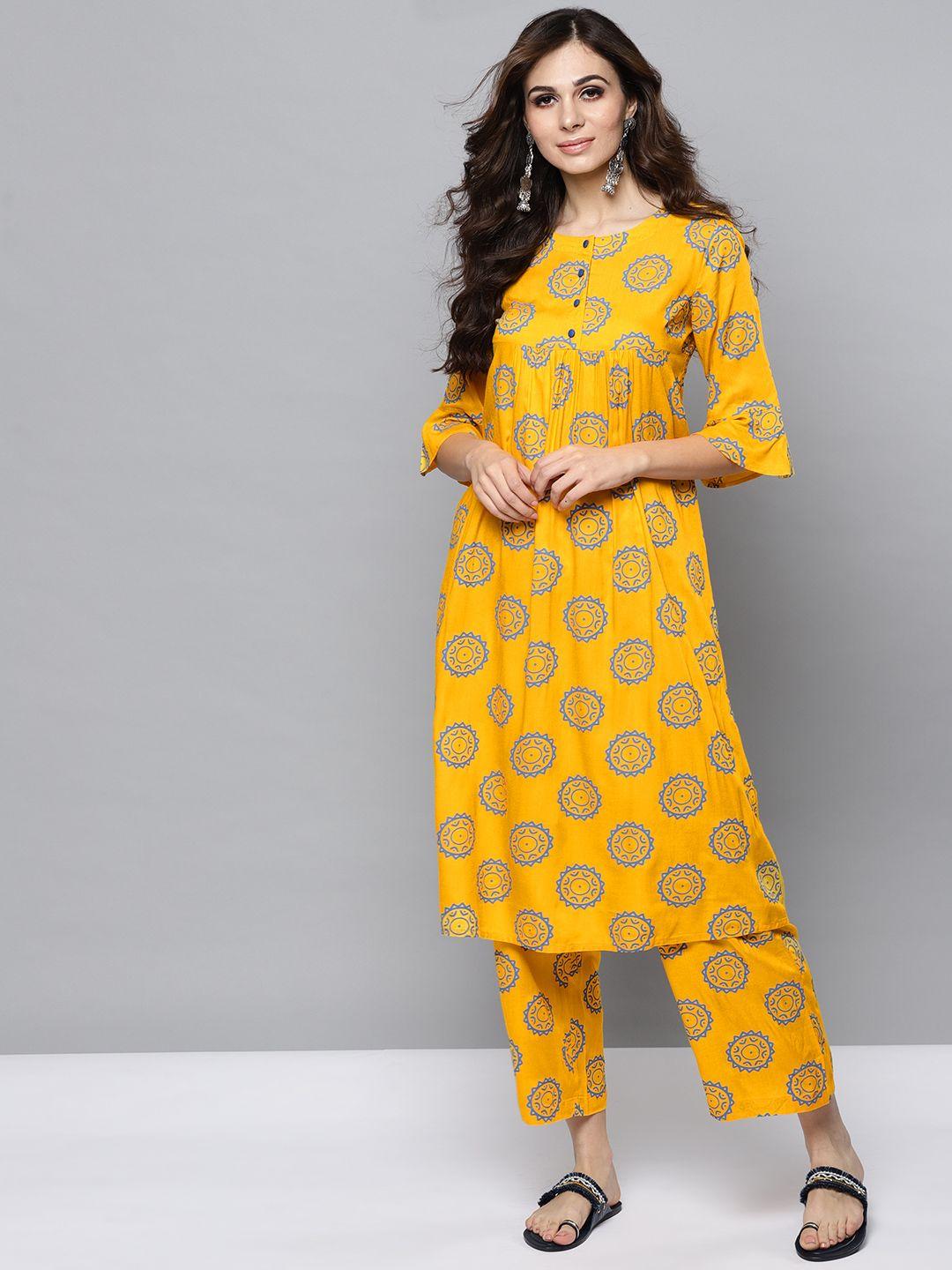 street 9 women yellow & blue printed kurta with palazzos