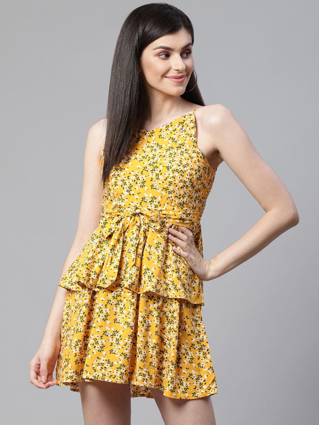 street 9 women yellow & green floral print a-line dress