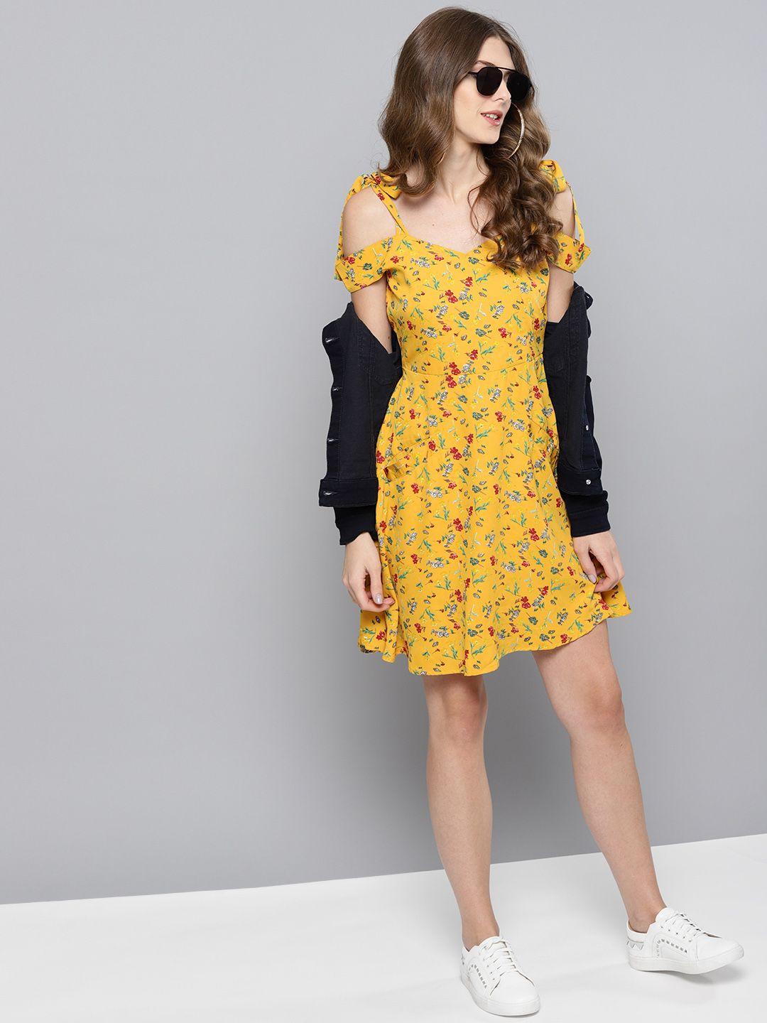 street 9 women yellow & red printed fit & flare dress