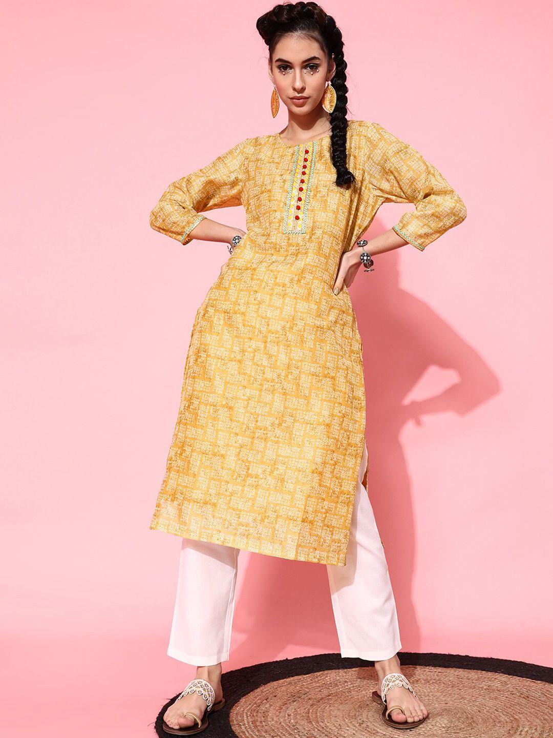 street 9 women yellow bandhani printed pure cotton kurta with trousers