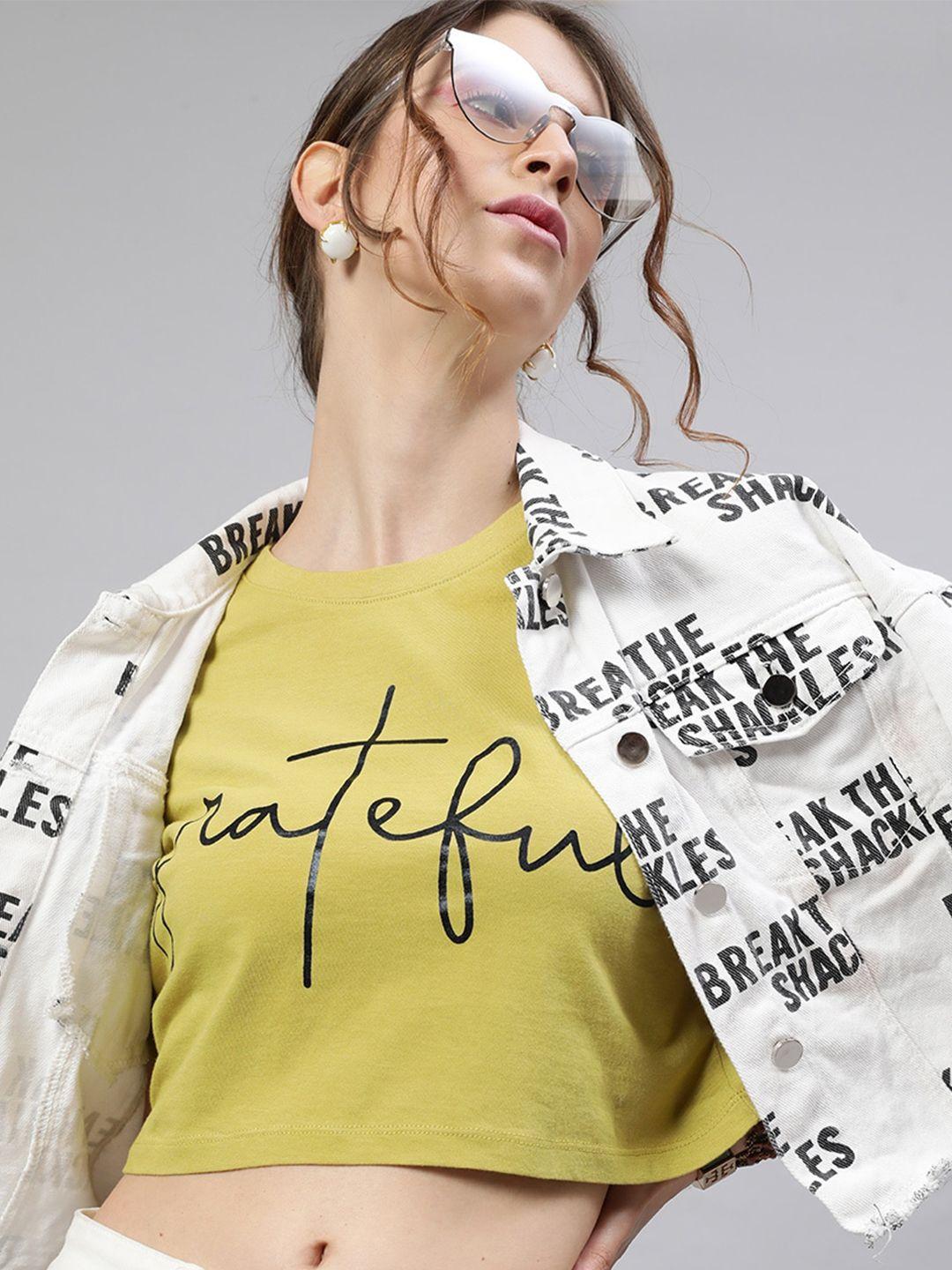 street 9 women yellow cotton typography printed crop t-shirt