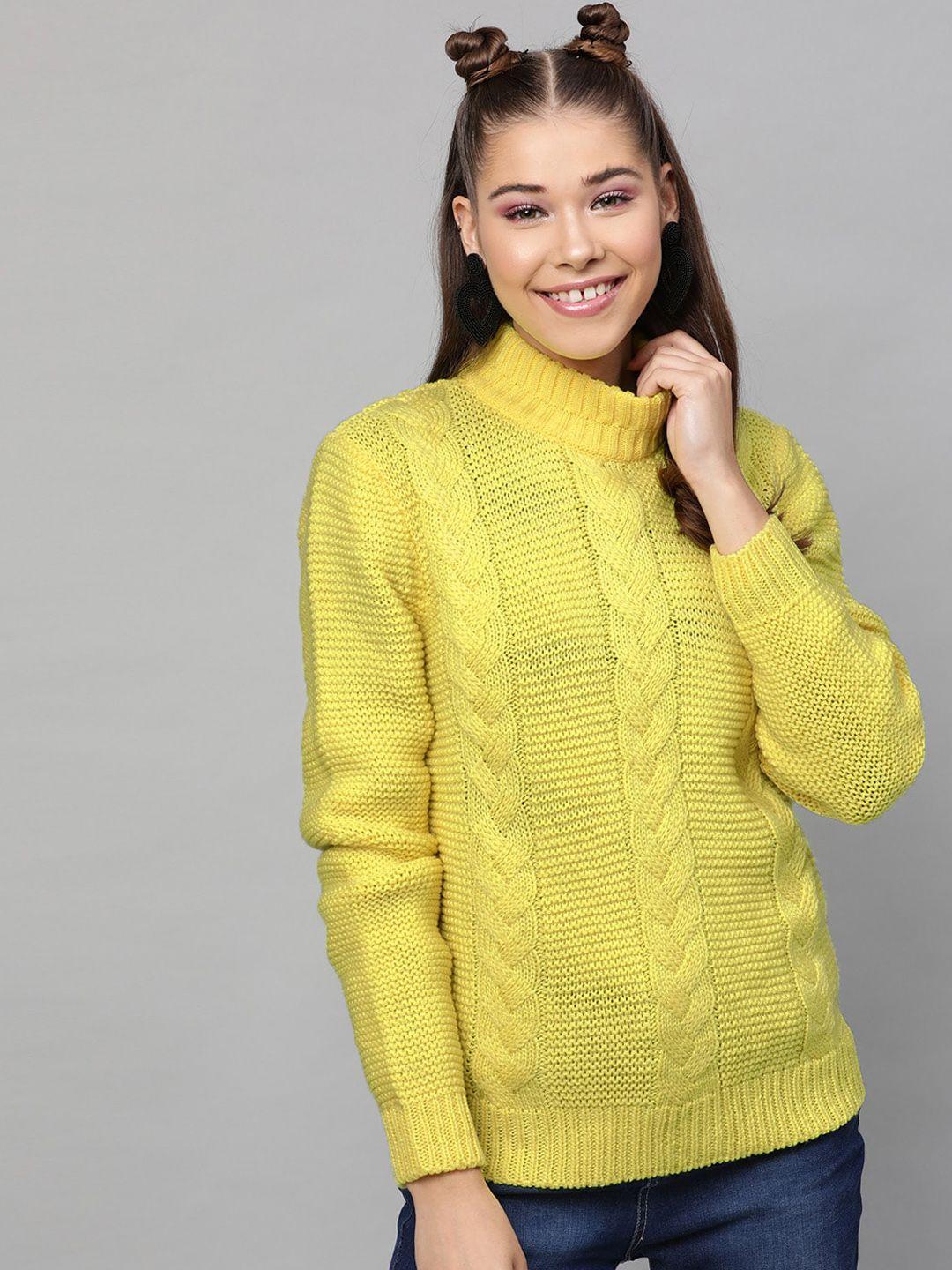 street 9 women yellow self design pullover sweater