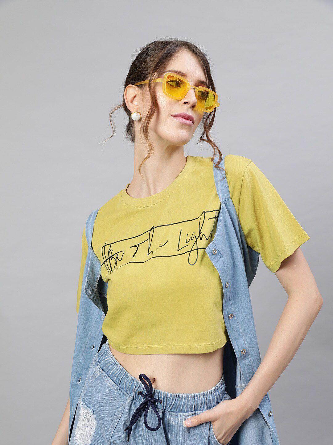 street 9 women yellow typography printed round neck cotton crop t-shirt