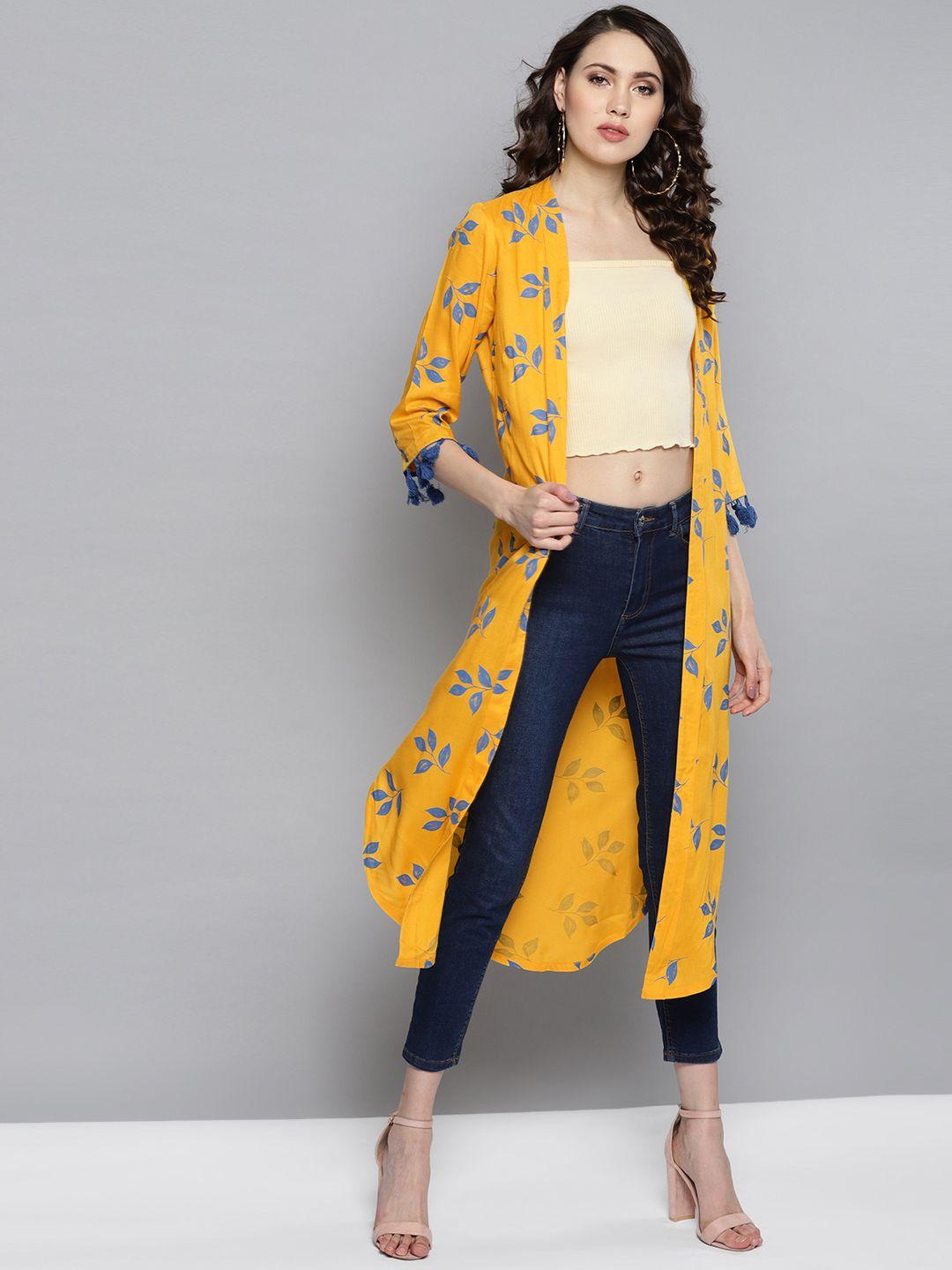 street 9 yellow & blue printed open front shrug