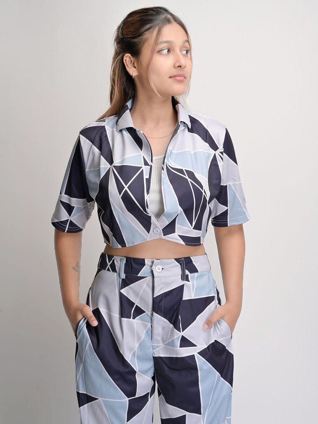 street style store geometric printed crop shirt & trousers
