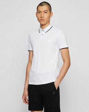 stretch cotton slim fit polo shirt with logo patch