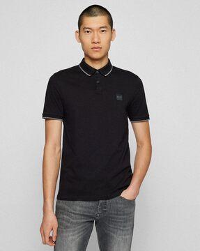 stretch cotton slim fit polo shirt with logo patch