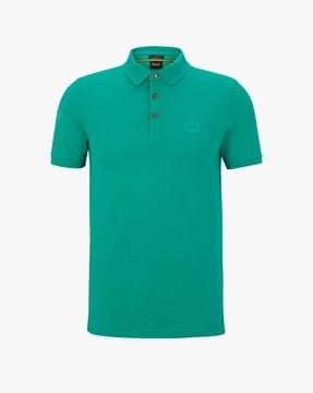 stretch cotton slim fit polo t-shirt with logo patch