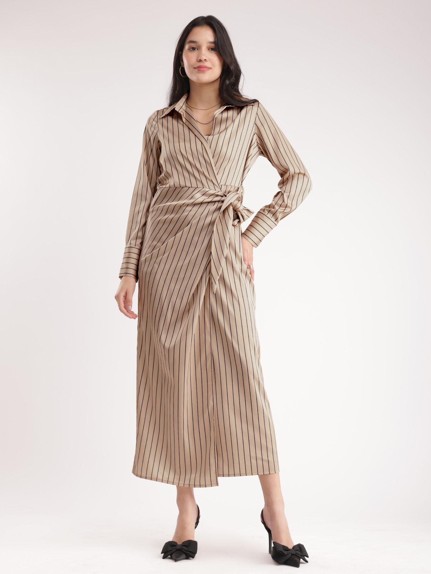 stretch satin wrap dress- beige and black