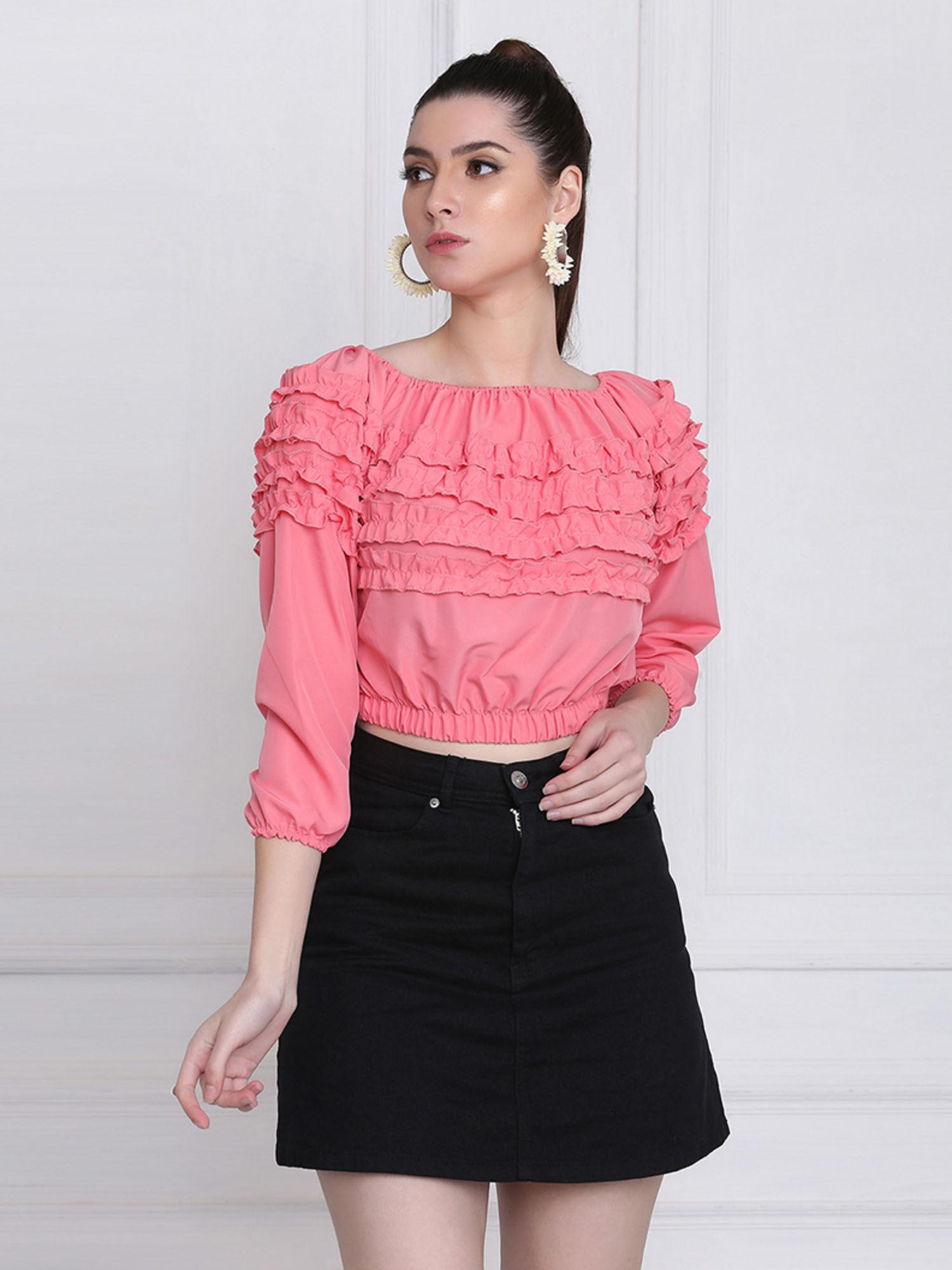 stretchable crepe pink frill crop top