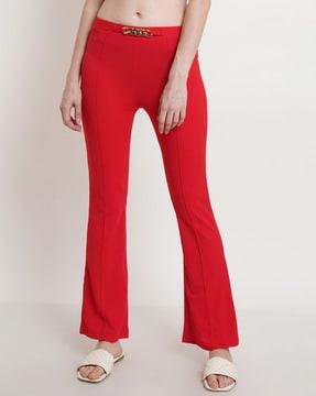 stretchable flat-front trousers with metal accent