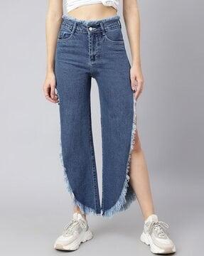 stretchable high rise ripped wide leg jeans